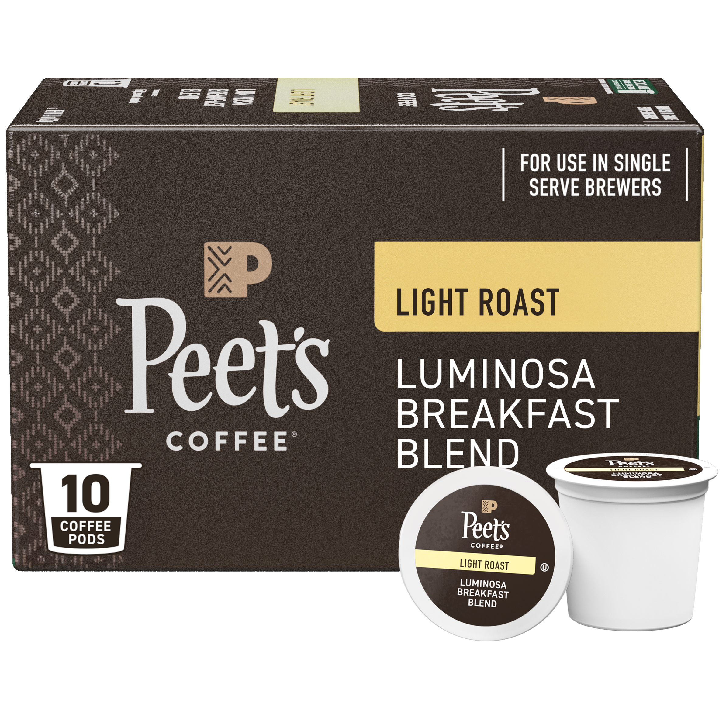Box of Peet's Coffee Luminosa Breakfast Blend coffee pods with a single pod on a white background.